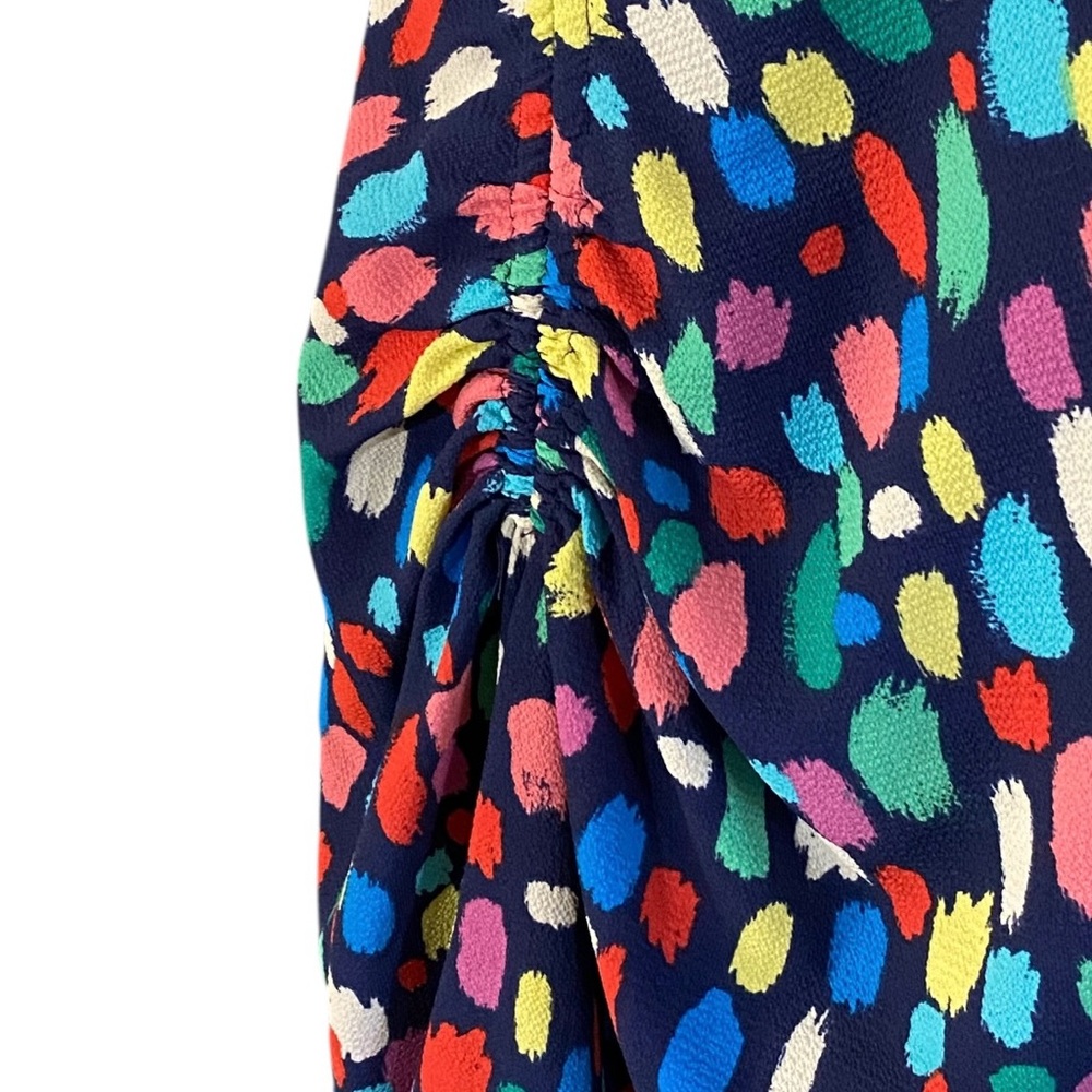Maggy London Colorful Print Midi Dress 6 Ruched Ruffle V Neck Artsy Cocktail - Picture 9 of 15